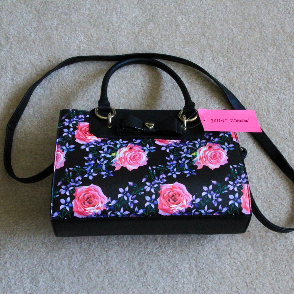 Betsey Johnson Big Floral Rose Black Pink Purple Crossbody Purse Handbag Satchel